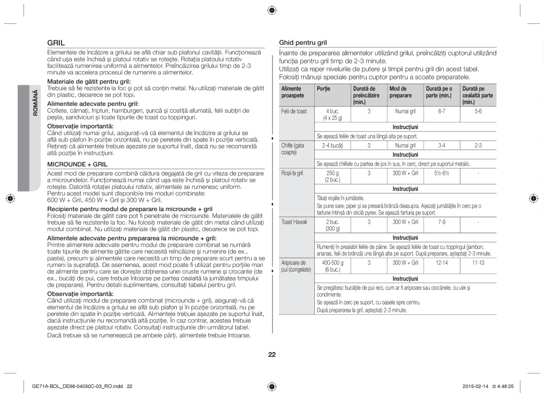 Samsung GE71A/XEO, GE71A/BOL manual Gril, Alimente Porţie Durată de Mod de, Durată pe, Proaspete, Preparare Parte min 