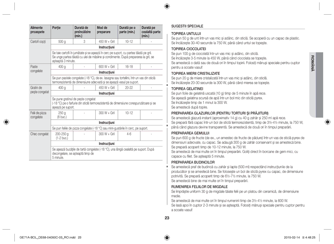 Samsung GE71A/BOL Sugestii Speciale Topirea Untului, Topirea Ciocolatei, Topirea Mierii Cristalizate, Topirea Gelatinei 