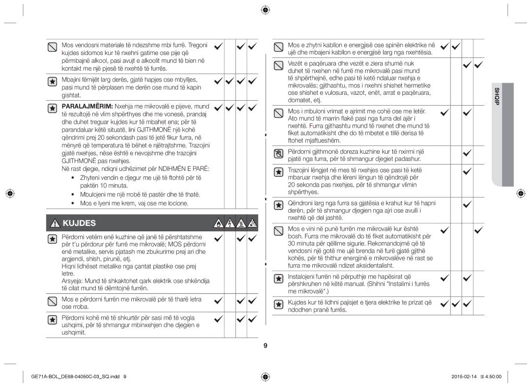 Samsung GE71A/BOL, GE71A/XEO manual Kujdes, Ose shishet e vulosura, vazot, enët, arrat e paqëruara 