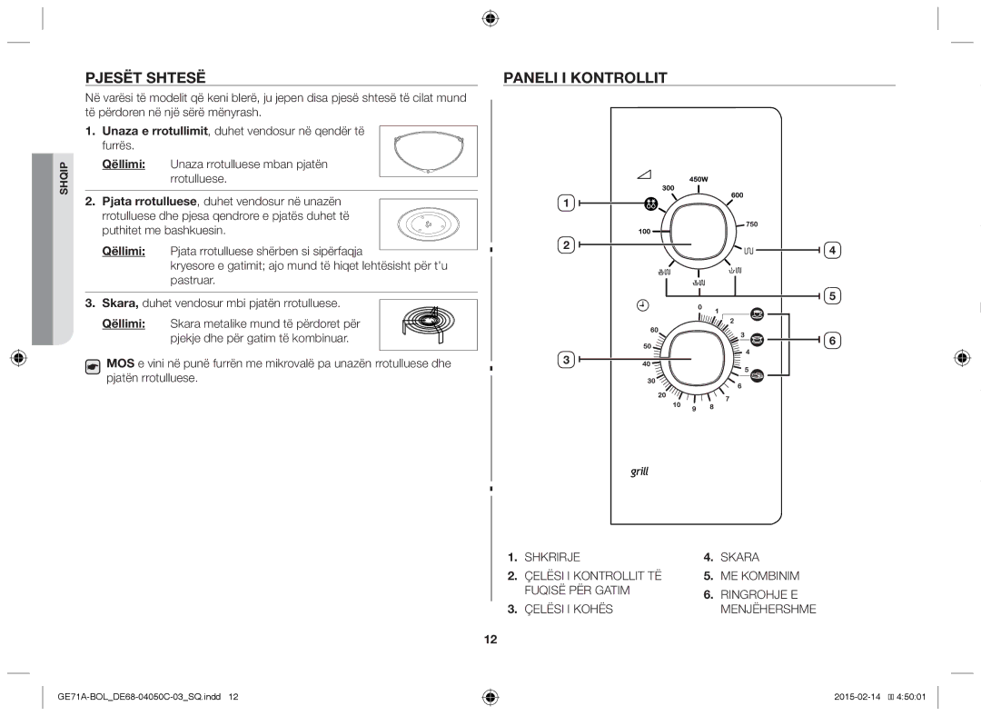 Samsung GE71A/XEO, GE71A/BOL manual Pjesët shtesë, Paneli i kontrollit 