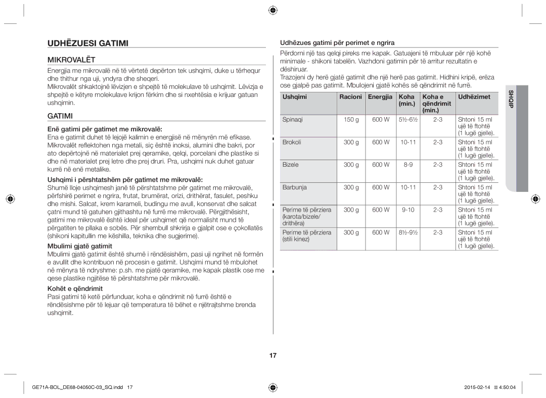 Samsung GE71A/BOL, GE71A/XEO manual Udhëzuesi gatimi, Mikrovalët, Gatimi 