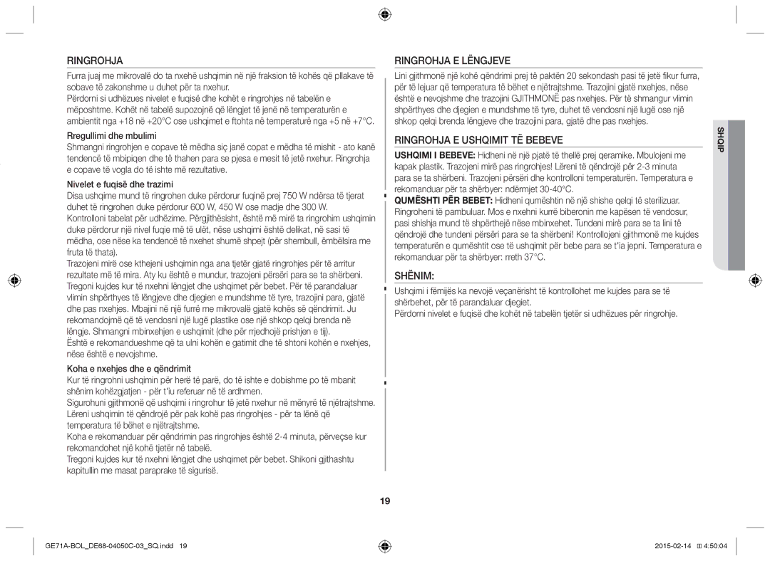 Samsung GE71A/BOL, GE71A/XEO manual Ringrohja E Lëngjeve, Ringrohja E Ushqimit TË Bebeve, Shënim 