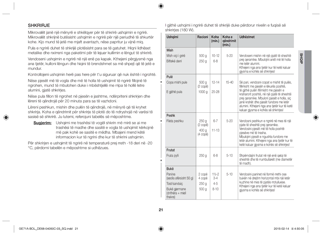 Samsung GE71A/BOL, GE71A/XEO manual Shkrirje 