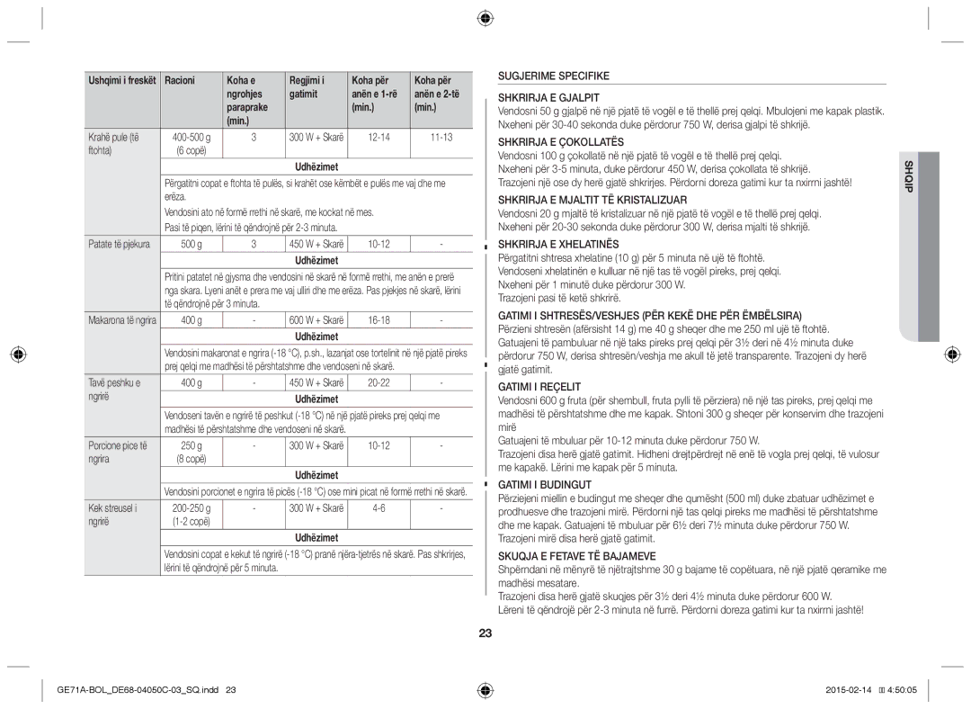 Samsung GE71A/BOL, GE71A/XEO manual Paraprake Min, 12-14 11-13 Ftohta 