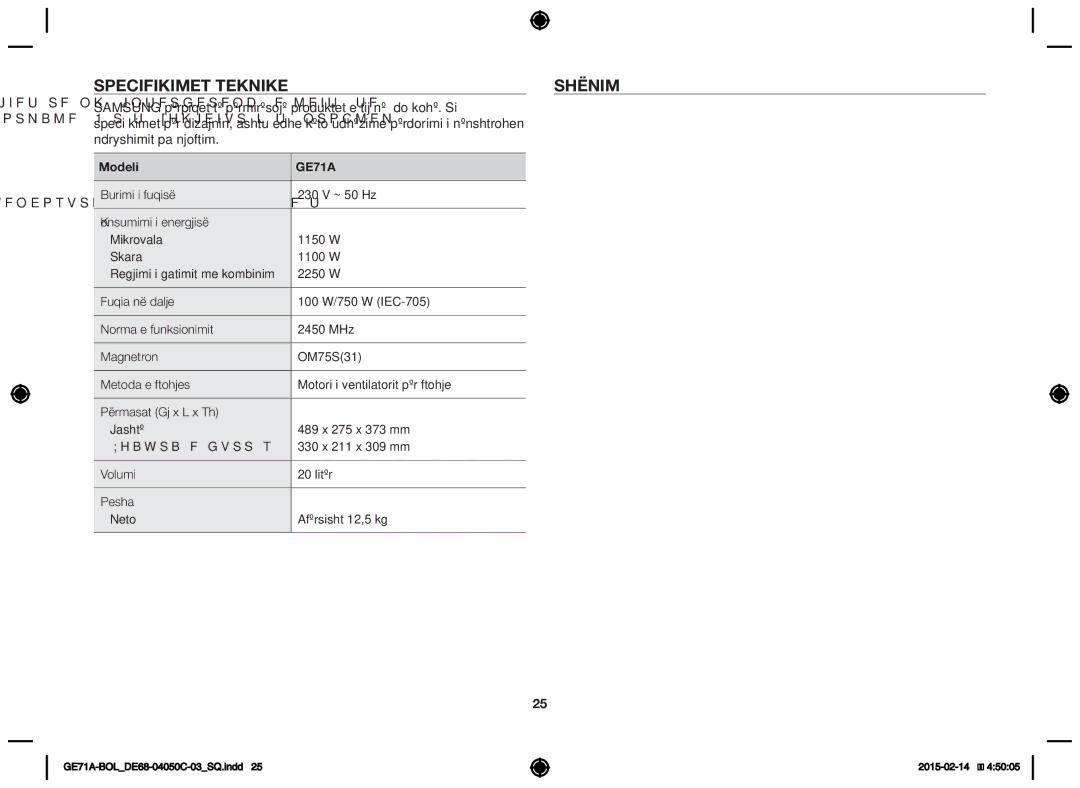 Samsung GE71A/BOL, GE71A/XEO manual Specifikimet teknikeShënim, Modeli 