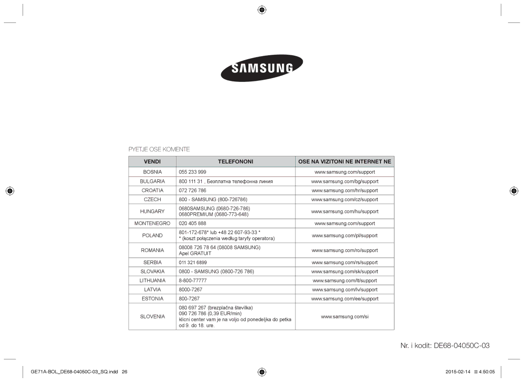 Samsung GE71A/XEO, GE71A/BOL manual Pyetje OSE Komente, Vendi Telefononi OSE NA Vizitoni NE Internet NE 