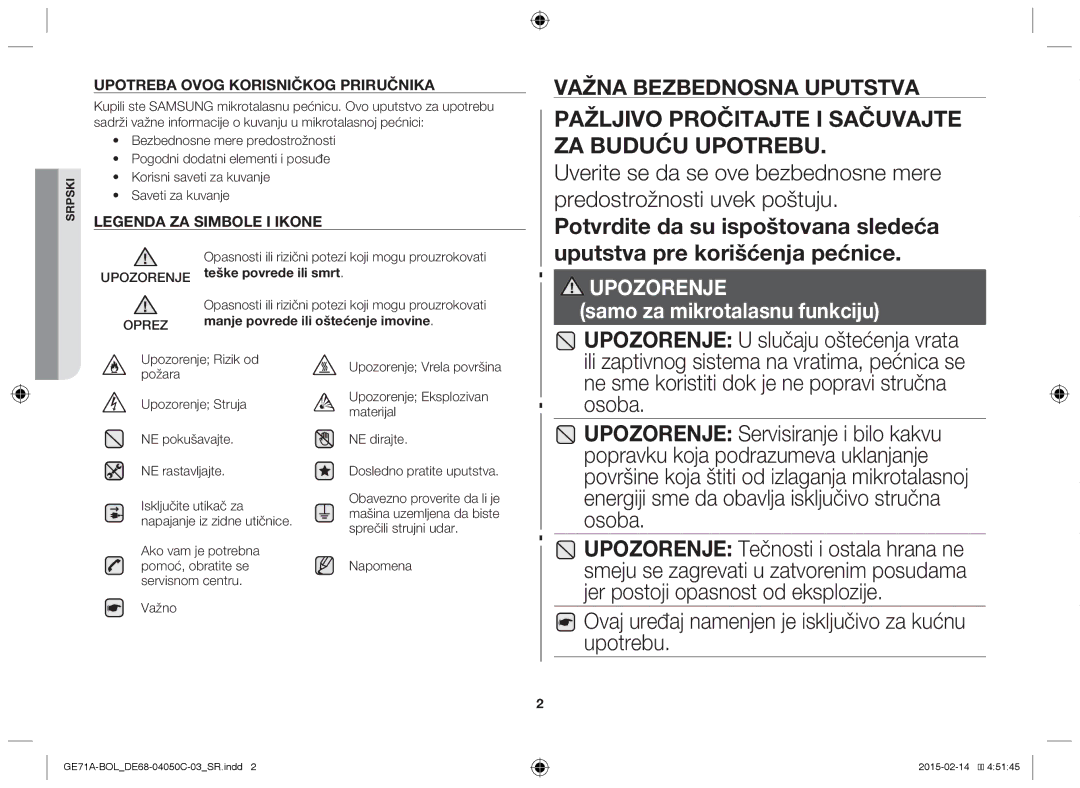 Samsung GE71A/XEO, GE71A/BOL manual Potvrdite da su ispoštovana sledeća, Uputstva pre korišćenja pećnice 