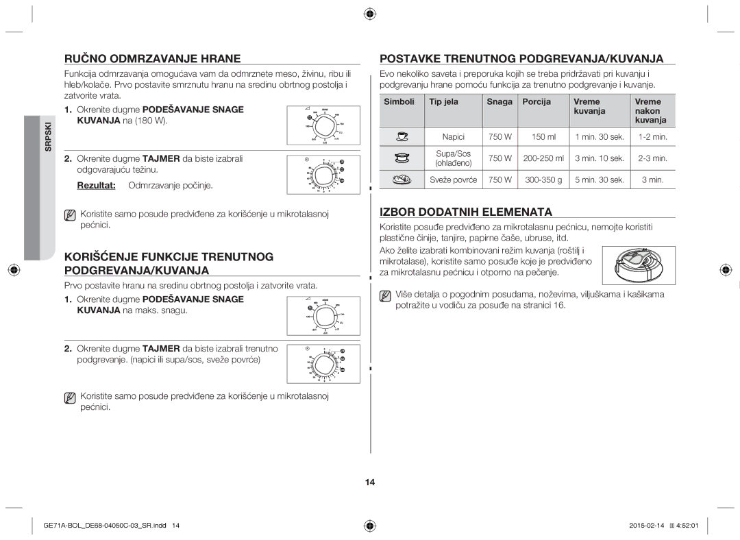 Samsung GE71A/XEO, GE71A/BOL Korišćenje funkcije trenutnog podgrevanja/kuvanja, Postavke trenutnog podgrevanja/kuvanja 