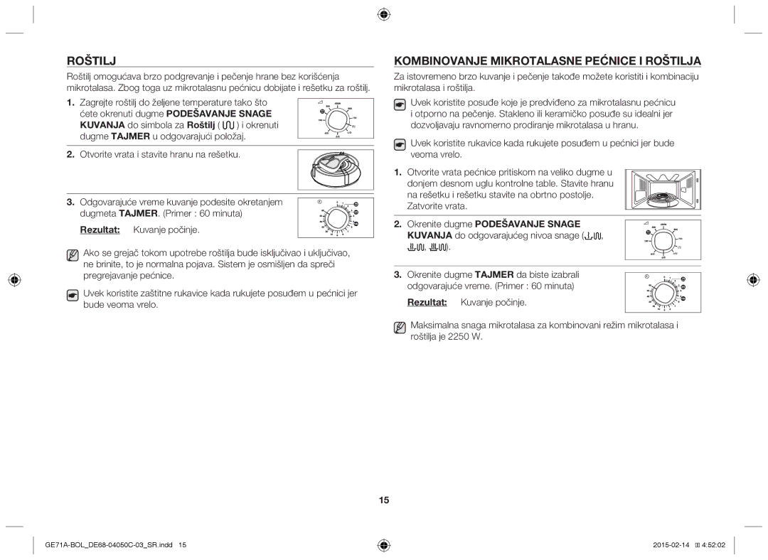 Samsung GE71A/BOL, GE71A/XEO manual Roštilj, Kombinovanje mikrotalasne pećnice i roštilja 