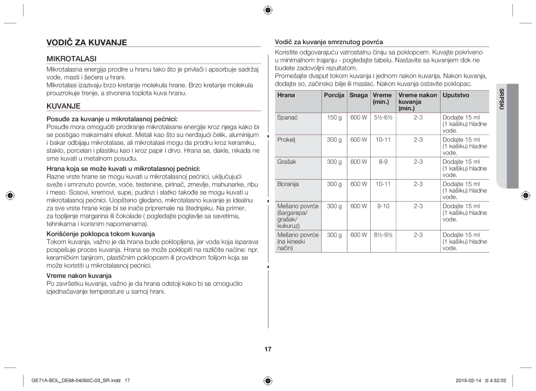 Samsung GE71A/BOL manual Vodič za kuvanje, Mikrotalasi, Kuvanje, Hrana Porcija Snaga Vreme Vreme nakon Uputstvo Min Kuvanja 