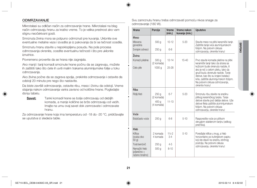 Samsung GE71A/BOL manual Meso Mlevena, Govedina, Folijom. Na polovini ciklusa, Živina, Celo pile, Okrenite hranu, Prečnika 