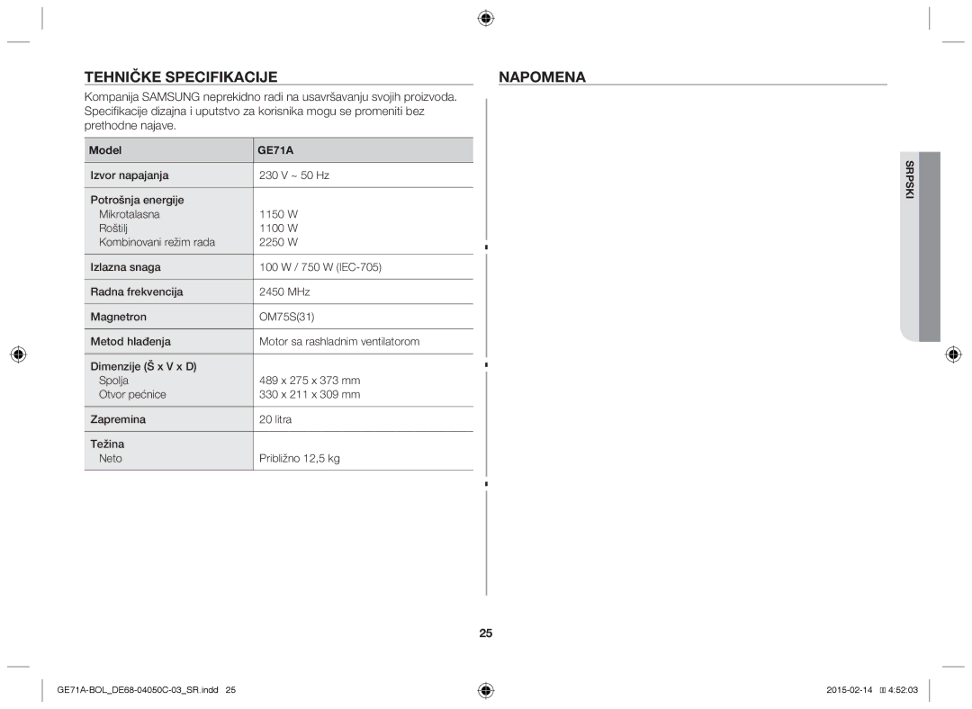 Samsung GE71A/BOL, GE71A/XEO manual Tehničke specifikacije Napomena 