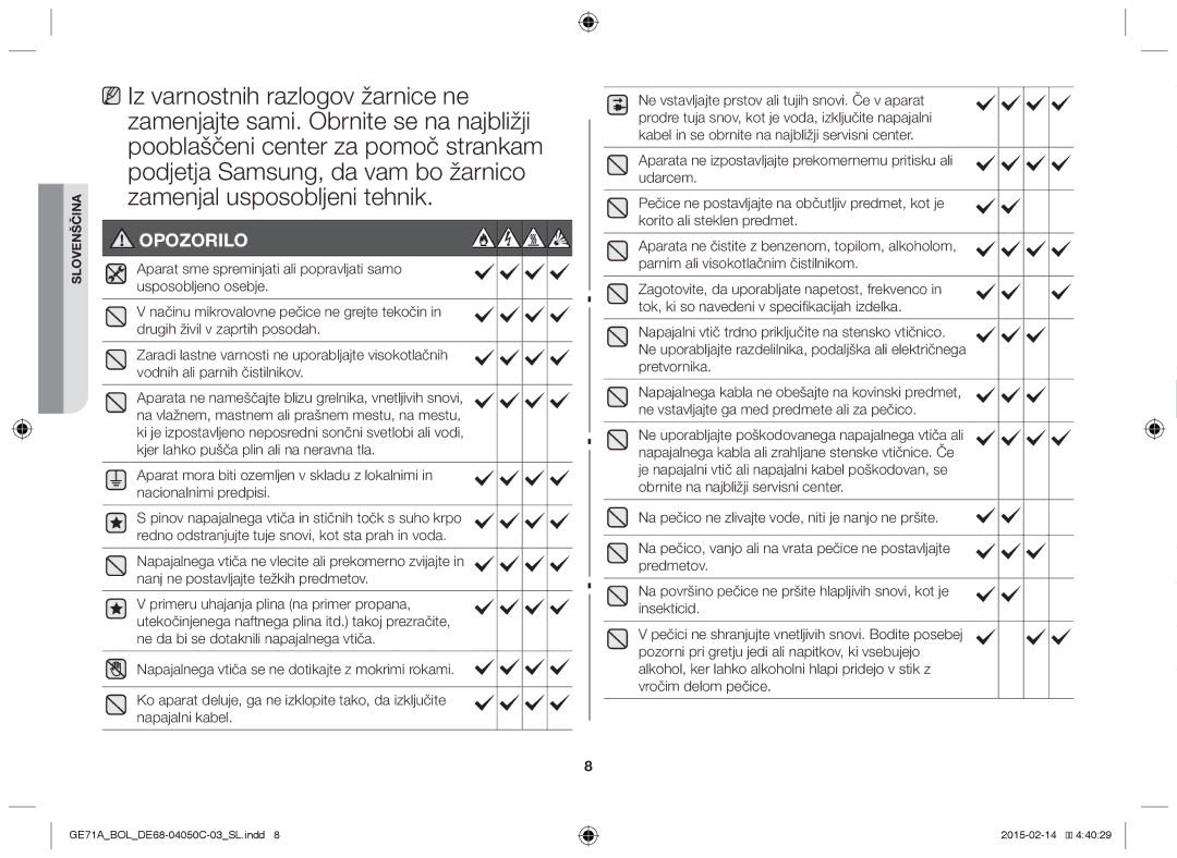 Samsung GE71A/XEO, GE71A/BOL manual Opozorilo 