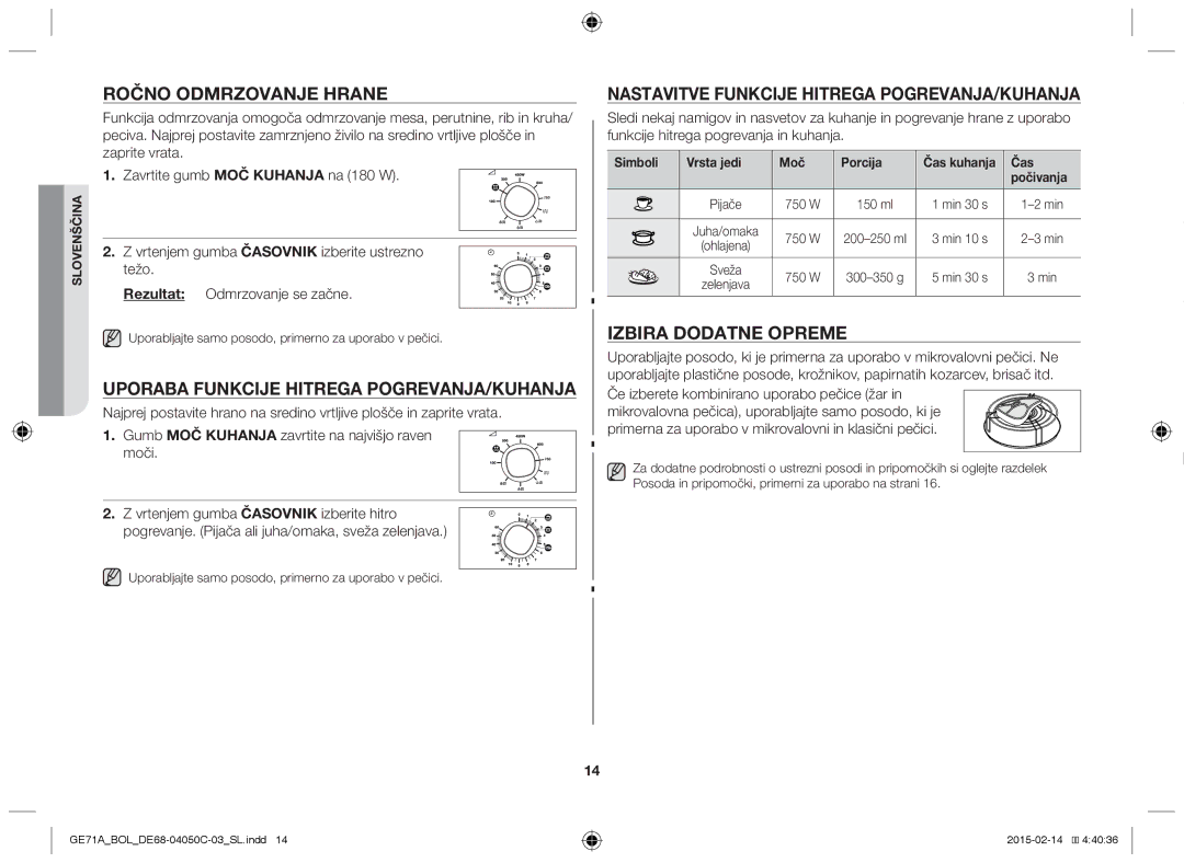 Samsung GE71A/XEO, GE71A/BOL Ročno odmrzovanje hrane, Uporaba funkcije hitrega pogrevanja/kuhanja, Izbira dodatne opreme 