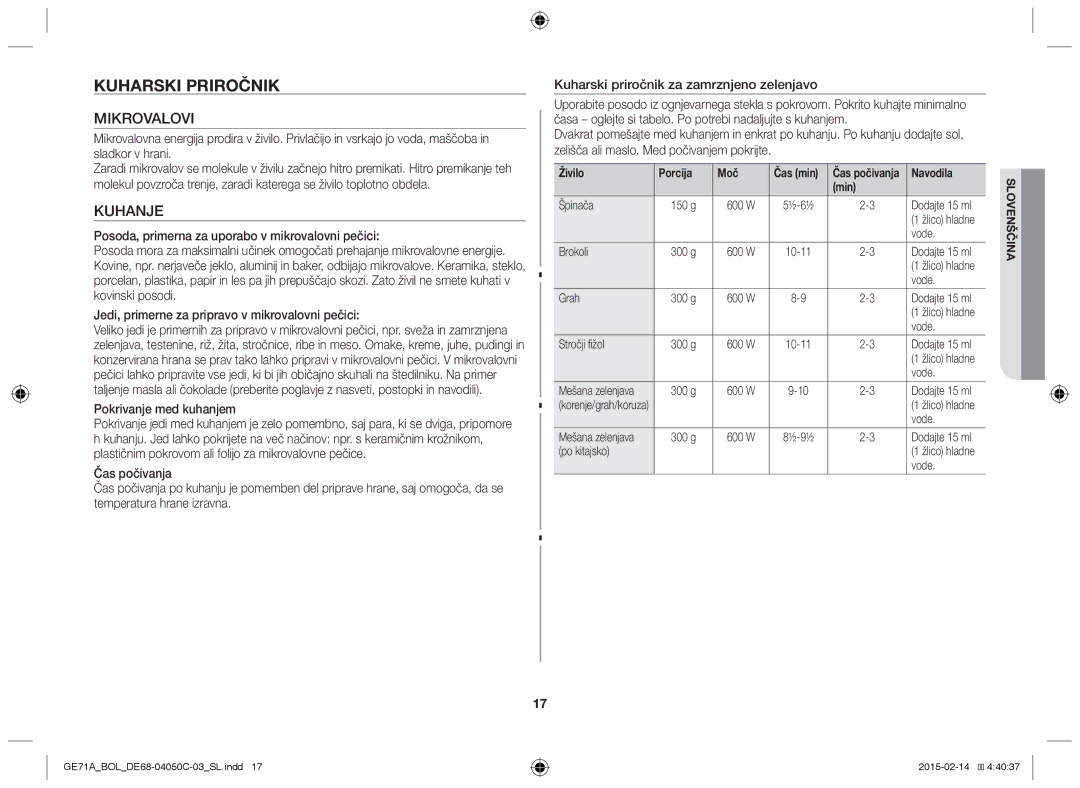 Samsung GE71A/BOL manual Kuharski priročnik, Pokrivanje med kuhanjem, Zelišča ali maslo. Med počivanjem pokrijte, Navodila 