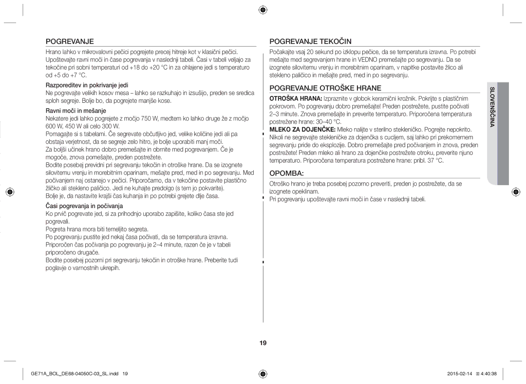 Samsung GE71A/BOL, GE71A/XEO manual Pogrevanje Tekočin, Pogrevanje Otroške Hrane, Opomba 