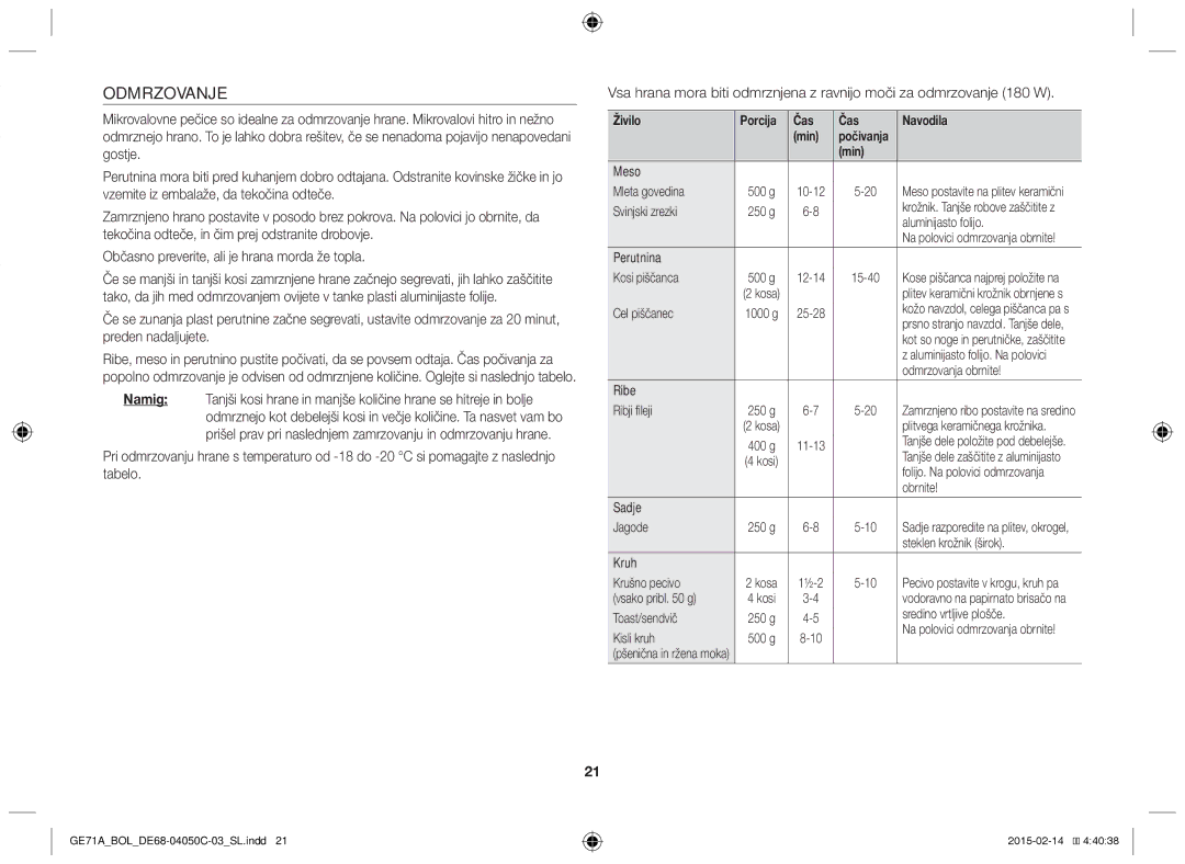 Samsung GE71A/BOL, GE71A/XEO manual Odmrzovanje, Živilo, Čas Navodila Min 