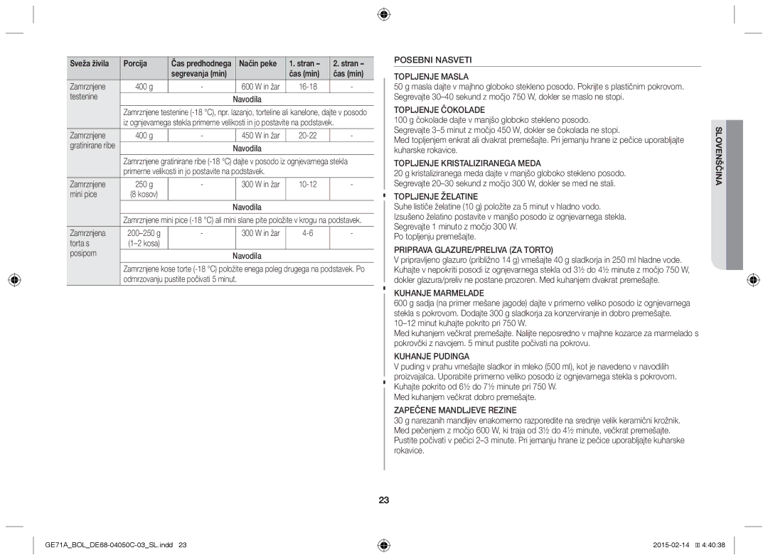 Samsung GE71A/BOL Posebni Nasveti Topljenje Masla, Topljenje Kristaliziranega Meda, Priprava GLAZURE/PRELIVA ZA Torto 