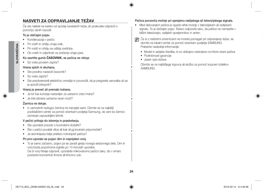 Samsung GE71A/XEO, GE71A/BOL manual Nasveti za odpravljanje težav 