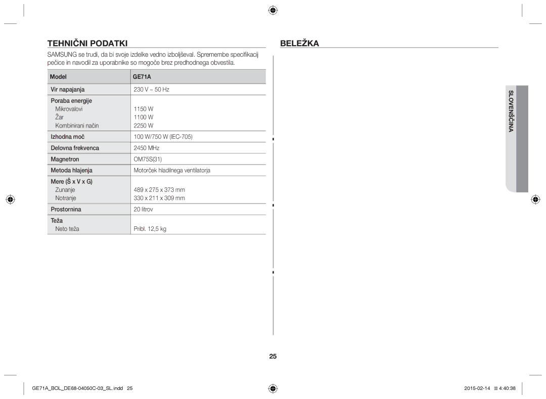 Samsung GE71A/BOL, GE71A/XEO manual Tehnični podatkiBELEŽKA, Model 