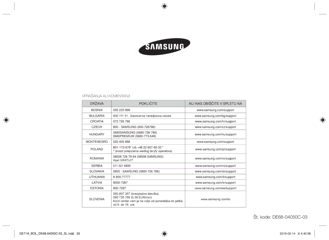 Samsung GE71A/XEO, GE71A/BOL manual Vprašanja ALI Komentarji, Država Pokličite ALI NAS Obiščite V Spletu NA 