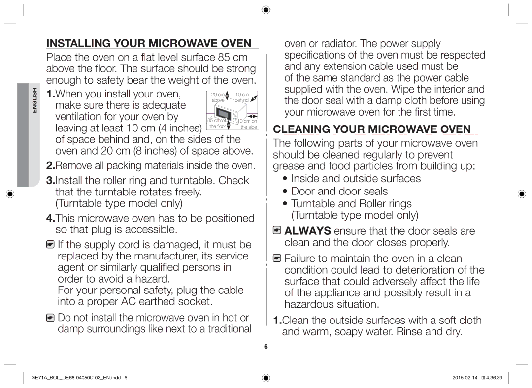 Samsung GE71A/XEO, GE71A/BOL manual Installing your microwave oven, Cleaning your microwave oven 