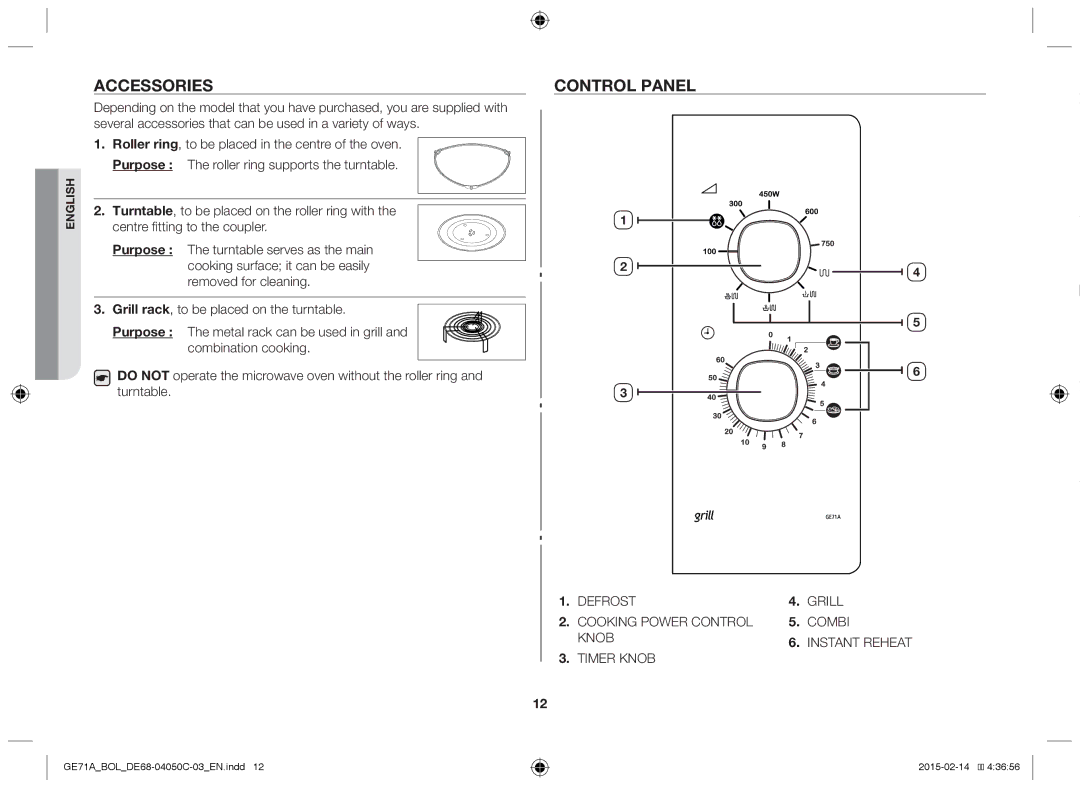 Samsung GE71A/XEO, GE71A/BOL manual Accessories, Control panel 