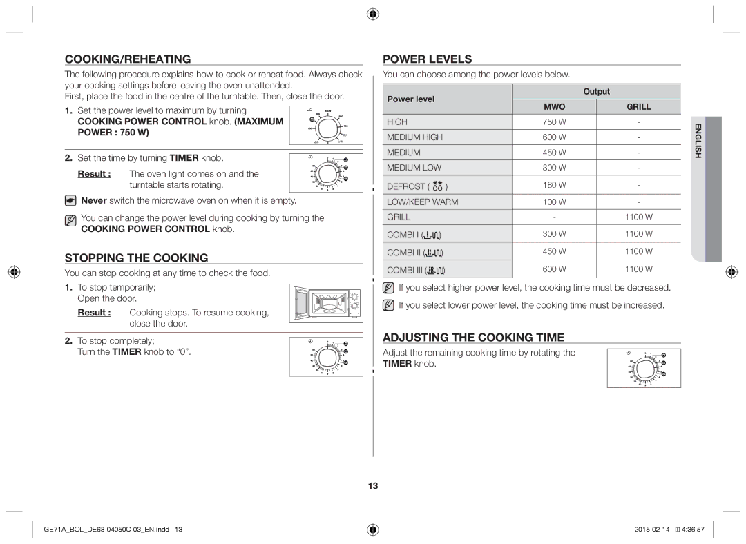 Samsung GE71A/BOL, GE71A/XEO manual Cooking/Reheating, Stopping the cooking, Power levels, Adjusting the cooking time 