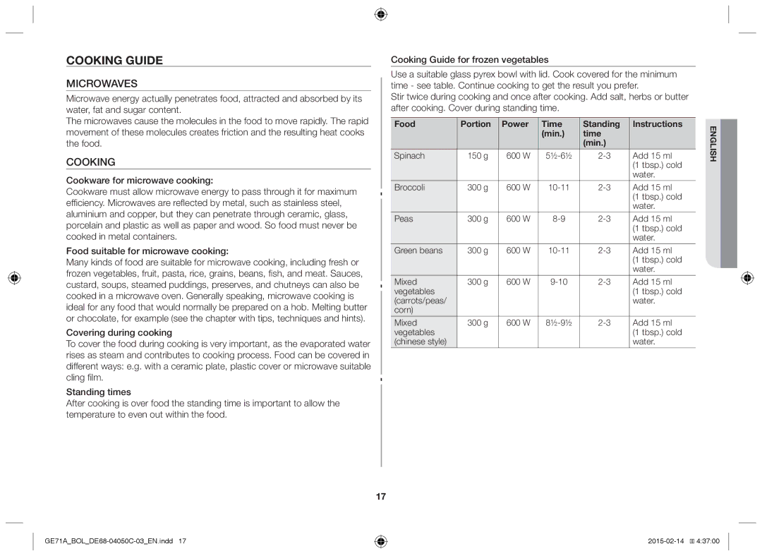 Samsung GE71A/BOL, GE71A/XEO manual Cooking guide, Microwaves, Food Portion Power Time Standing Instructions Min 