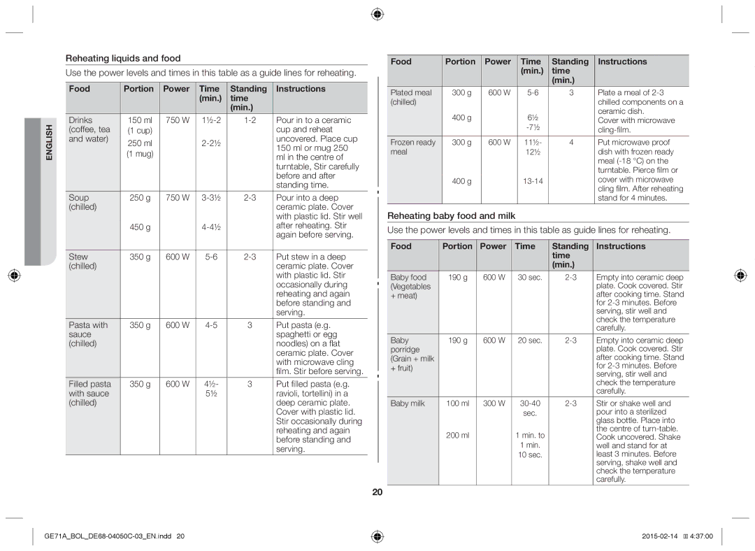 Samsung GE71A/XEO, GE71A/BOL manual Reheating liquids and food 