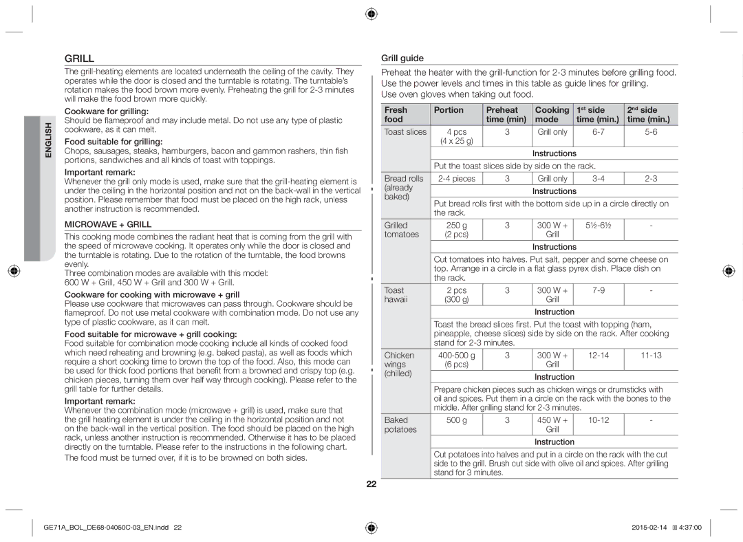 Samsung GE71A/XEO, GE71A/BOL manual Grill guide, Use oven gloves when taking out food, Microwave + Grill 