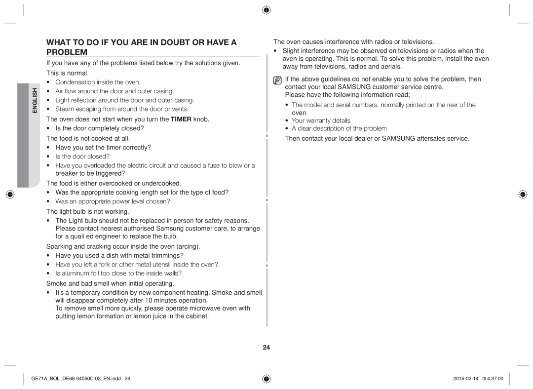 Samsung GE71A/XEO, GE71A/BOL manual What to do if you are in doubt or have a problem 