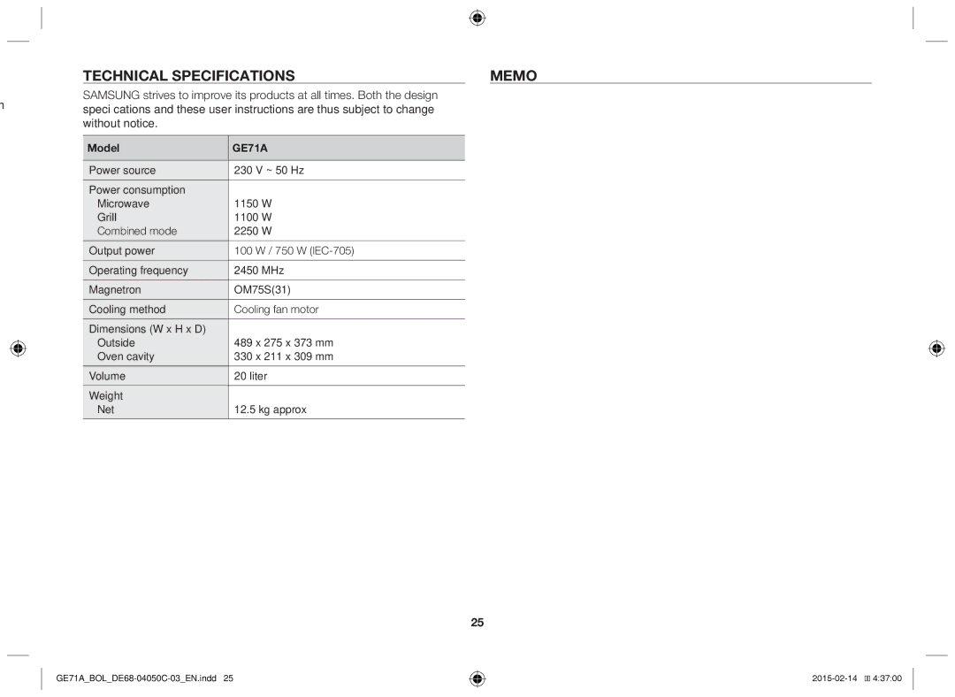 Samsung GE71A/BOL, GE71A/XEO manual Technical specifications, Memo 