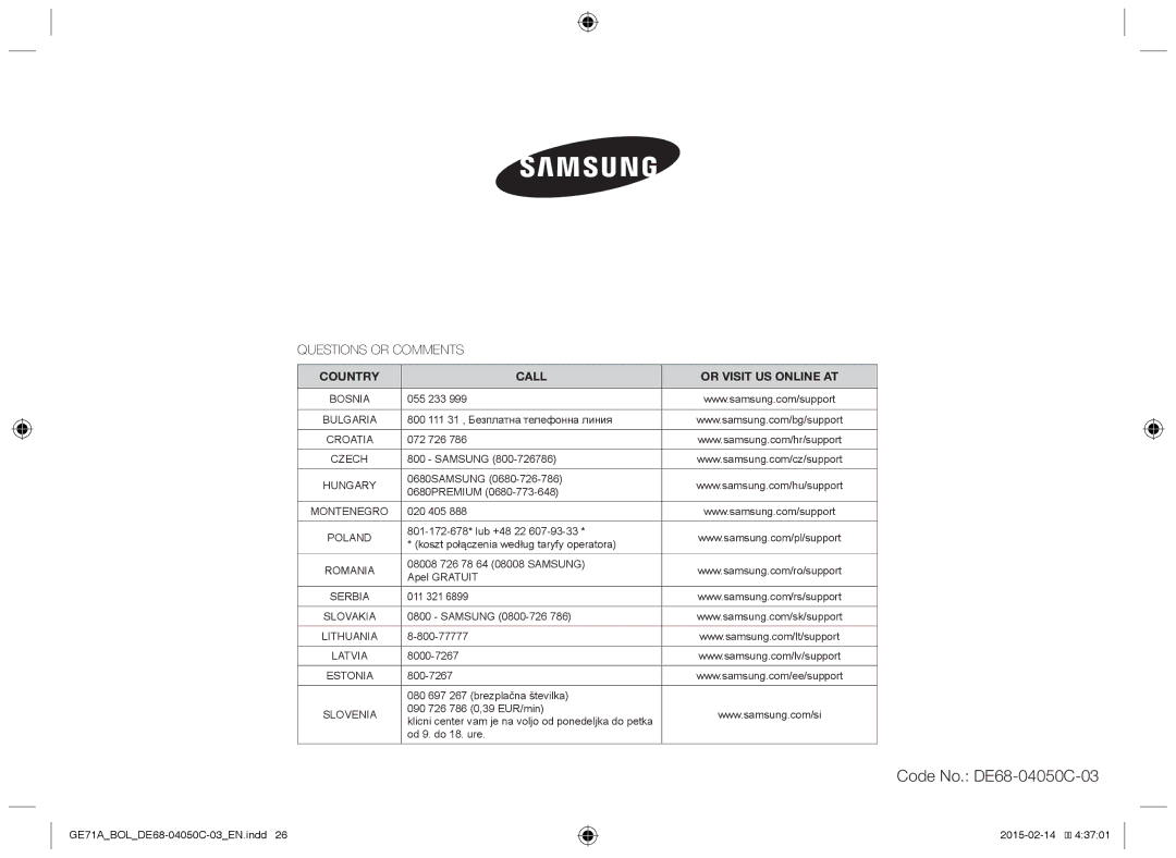 Samsung GE71A/XEO, GE71A/BOL manual Questions or Comments, Country Call Or Visit US Online AT 