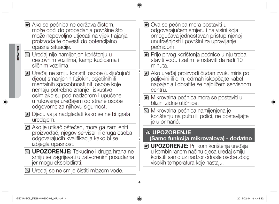 Samsung GE71A/XEO, GE71A/BOL manual Samo funkcija mikrovalova dodatno 