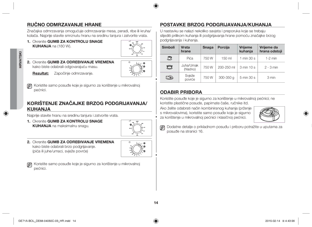 Samsung GE71A/XEO, GE71A/BOL Ručno odmrzavanje hrane, Korištenje značajke brzog podgrijavanja/ kuhanja, Odabir pribora 