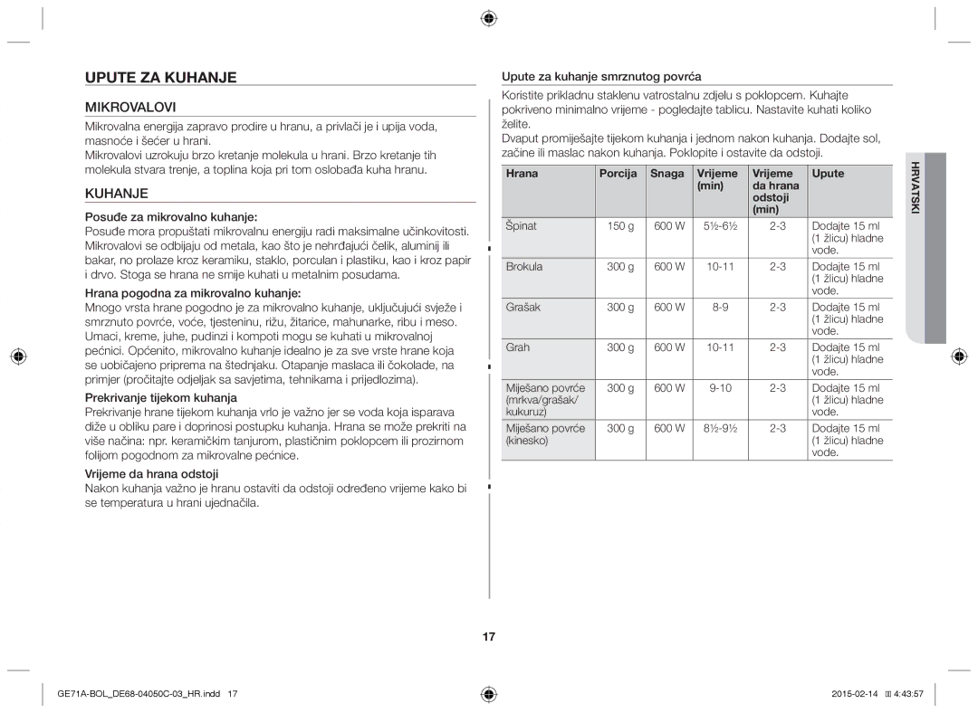 Samsung GE71A/BOL, GE71A/XEO manual Upute za kuhanje, Mikrovalovi, Kuhanje, Posuđe za mikrovalno kuhanje 