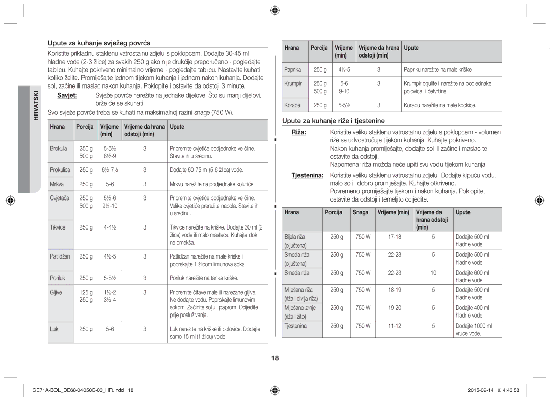 Samsung GE71A/XEO, GE71A/BOL manual Upute za kuhanje svježeg povrća, Upute za kuhanje riže i tjestenine 