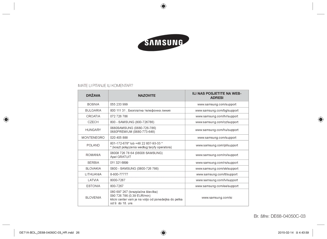 Samsung GE71A/XEO, GE71A/BOL manual Imate LI Pitanje ILI KOMENTAR?, Država Nazovite ILI NAS Posjetite NA WEB Adresi 