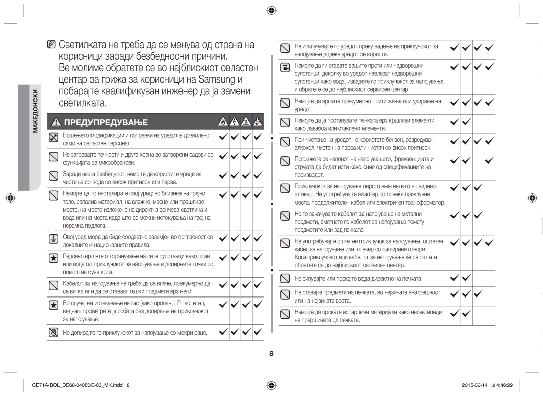 Samsung GE71A/XEO, GE71A/BOL manual Предупредување, Не сипувајте или прскајте вода директно на печката 