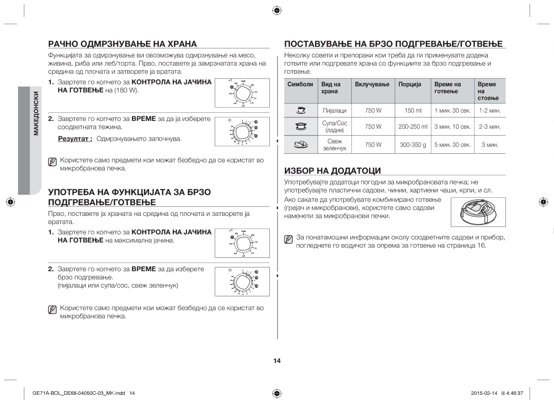 Samsung GE71A/XEO manual Рачно одмрзнување на храна, Употреба на функцијата за брзо подгревање/готвење, Избор на додатоци 