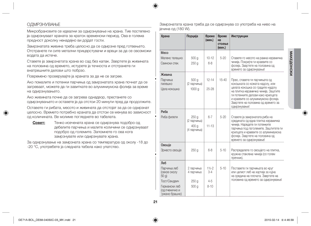 Samsung GE71A/BOL, GE71A/XEO manual Одмрзнување, Храна Порција Време Инструкции Мин 