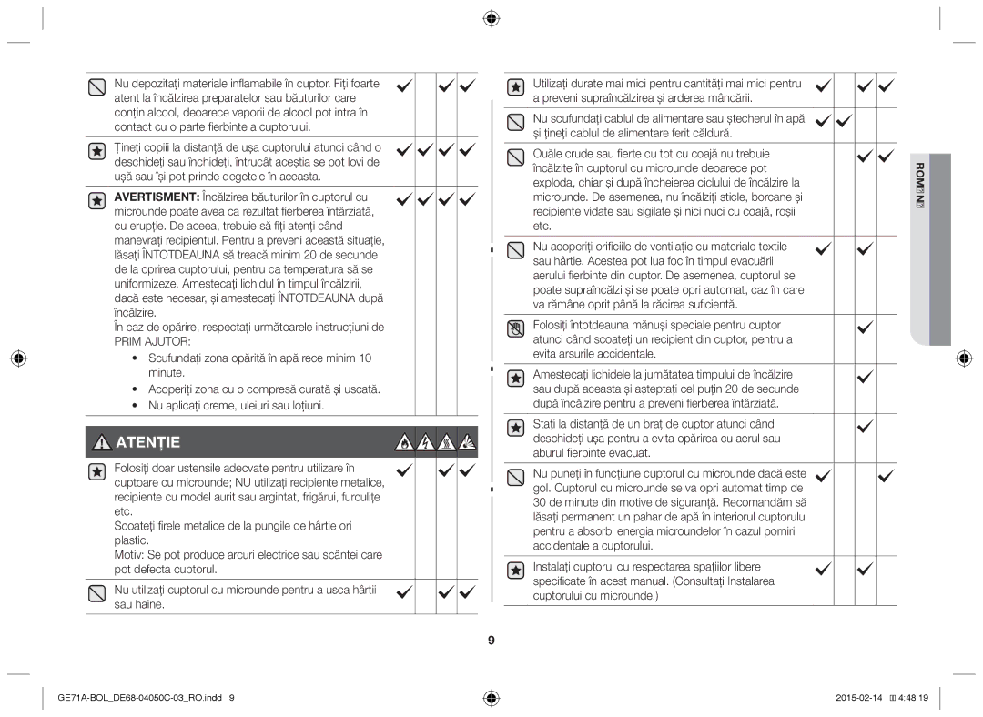 Samsung GE71A/BOL, GE71A/XEO Scufundaţi zona opărită în apă rece minim 10 minute, Nu aplicaţi creme, uleiuri sau loţiuni 