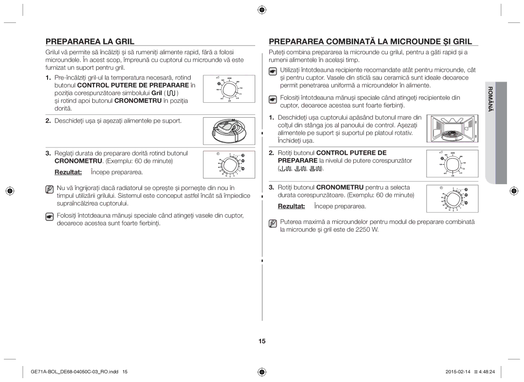 Samsung GE71A/BOL, GE71A/XEO manual Prepararea la gril, Prepararea combinată la microunde şi gril 