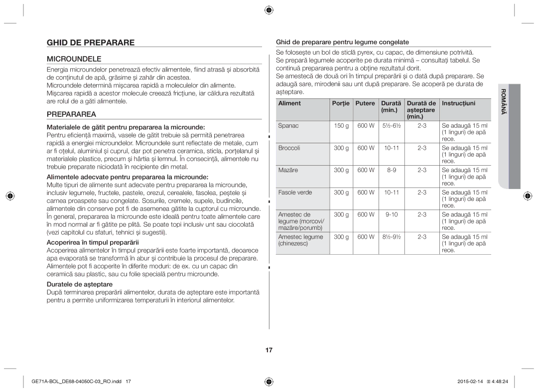 Samsung GE71A/BOL manual Ghid de preparare, Microundele, Prepararea, Materialele de gătit pentru prepararea la microunde 