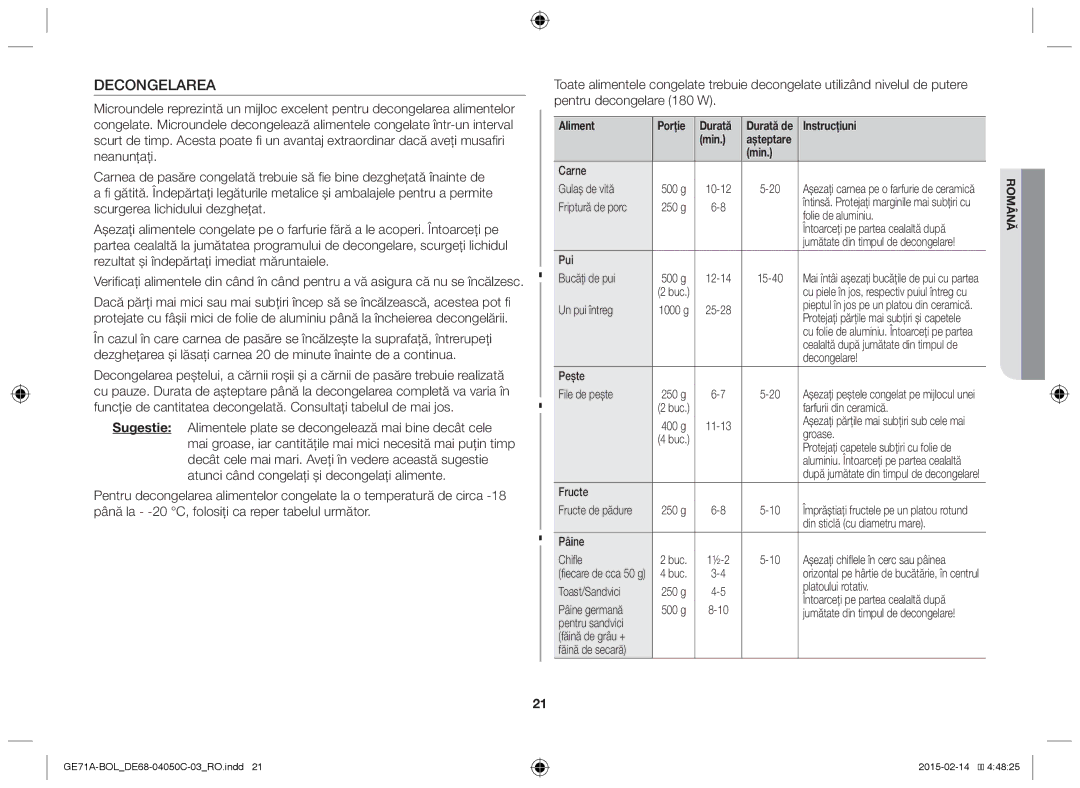 Samsung GE71A/BOL, GE71A/XEO manual Decongelarea, Aliment Porţie Durată 