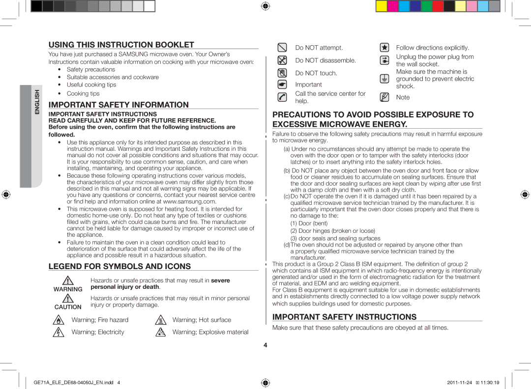 Samsung GE71A/XEO Using this instruction booklet, Important safety information, Important safety instructions, Followed 