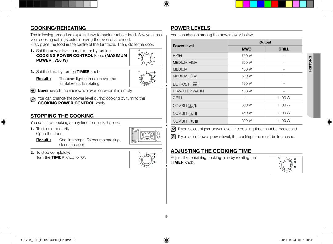 Samsung GE71A/ELE, GE71A/XEO manual Cooking/Reheating, Stopping the cooking, Power levels, Adjusting the cooking time 