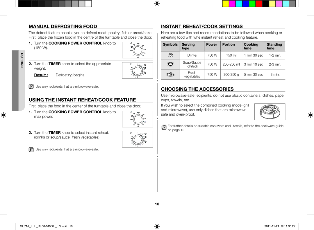 Samsung GE71A/XEO, GE71A/ELE Manual defrosting food, Using the instant reheat/cook feature, Instant reheat/cook settings 