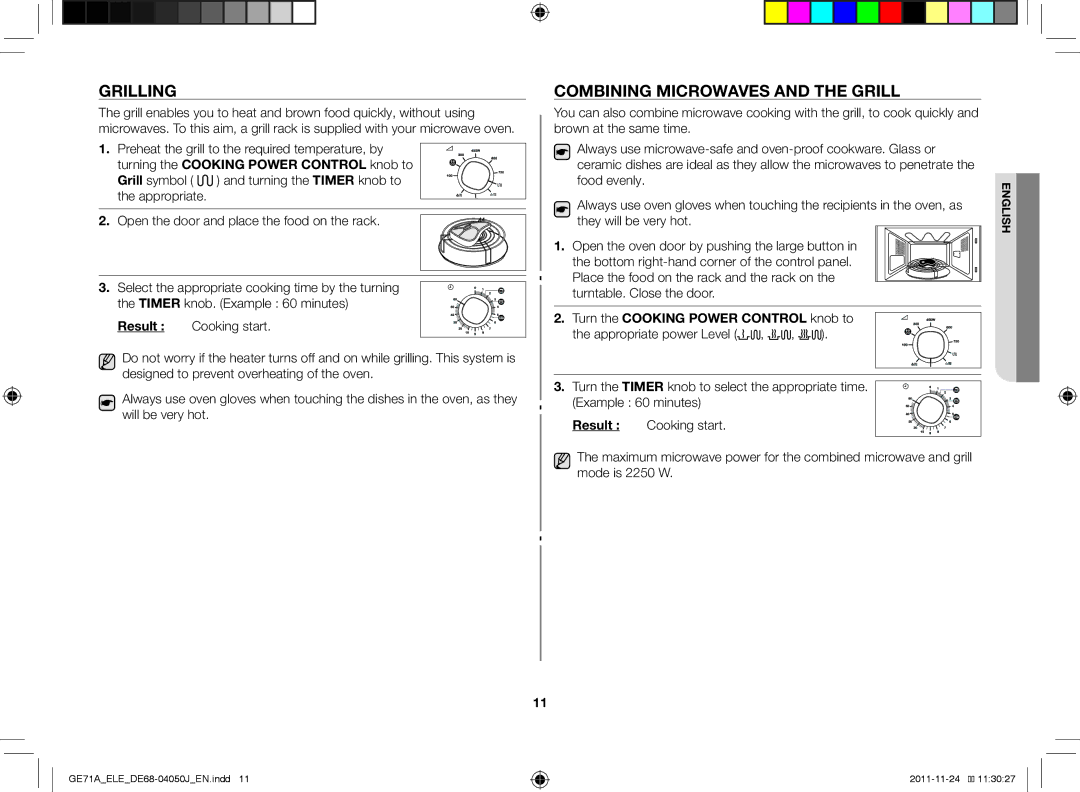 Samsung GE71A/ELE, GE71A/XEO manual Grilling, Combining microwaves and the grill 